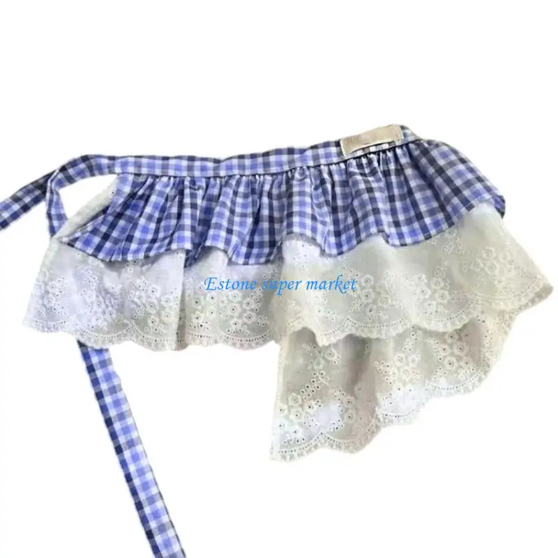 090B Ruffled Tiered Girls 스커트 통기성 코튼 원단 블루 체크 무늬 디자인 레이스 트림 야외 활동 또는 사진에 세련된