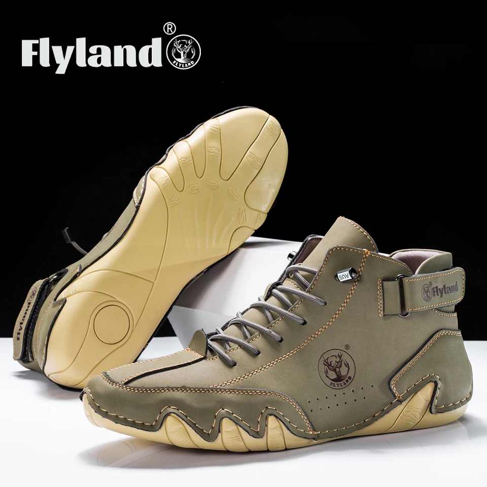 FLYLAND 남성 패션 빈티지 핸드 스티칭 소프트 비즈니스 캐주얼 가죽 앵클 부츠, 수제 신발