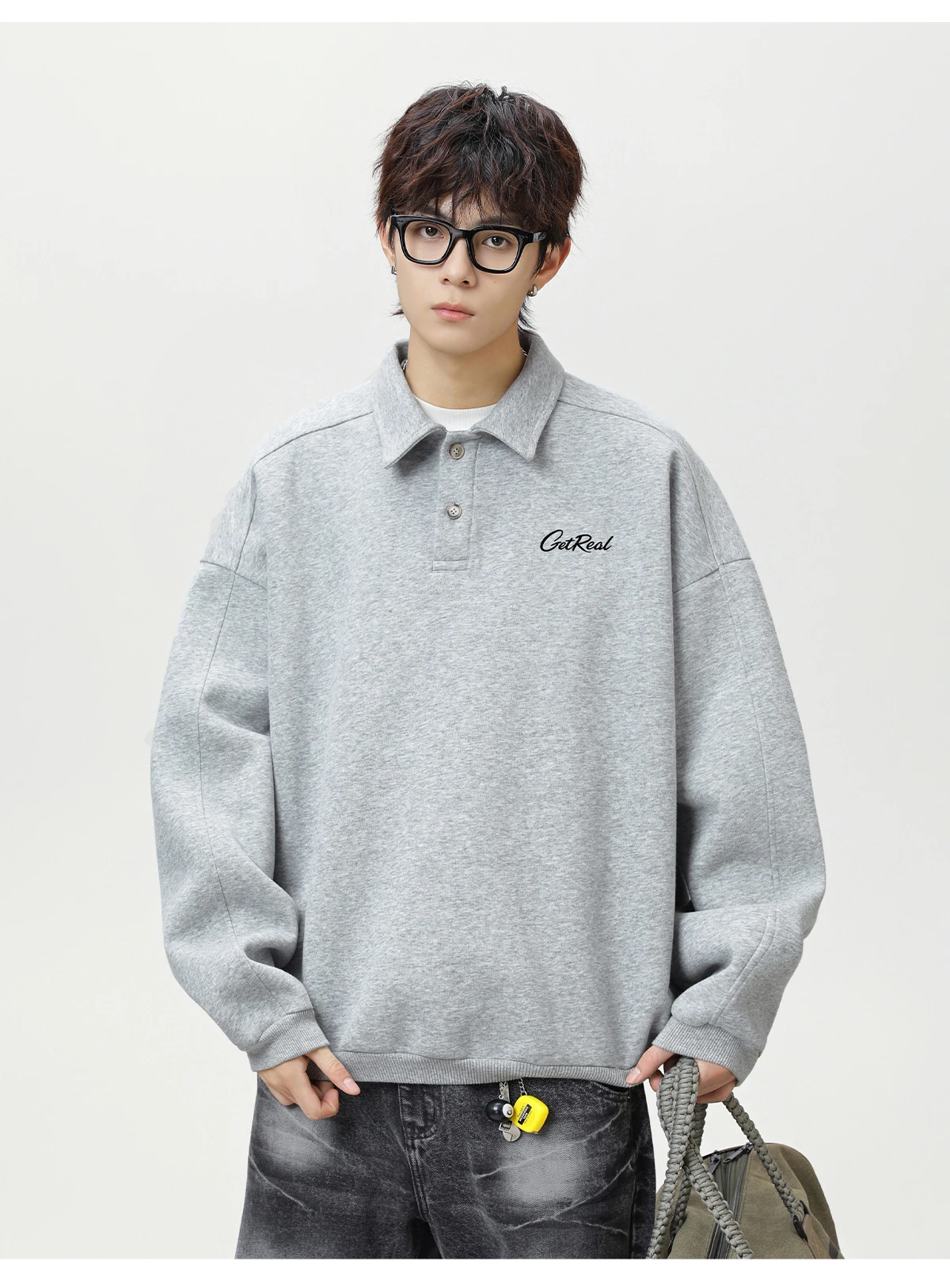 HANGLU 2025 Men's Oversized Collar Sweatshirt Vintage Button Placket Long Sleeve Polo Pullover Loose Fit Streetwear Top