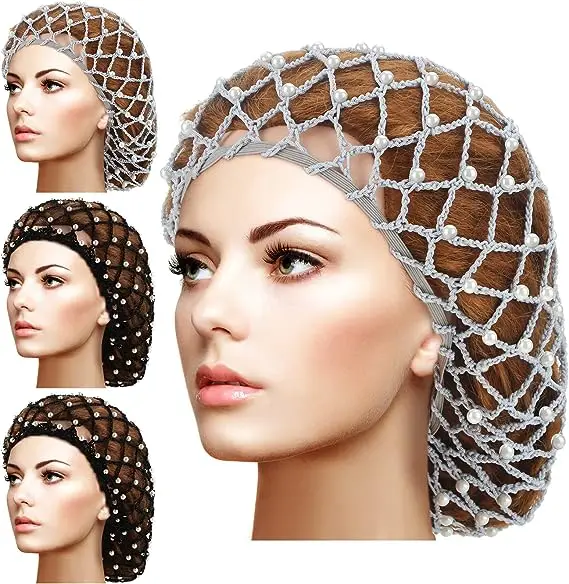 MTLEE 4 Pieces Snoods for Women Hair Net Pearl Crochet Mesh