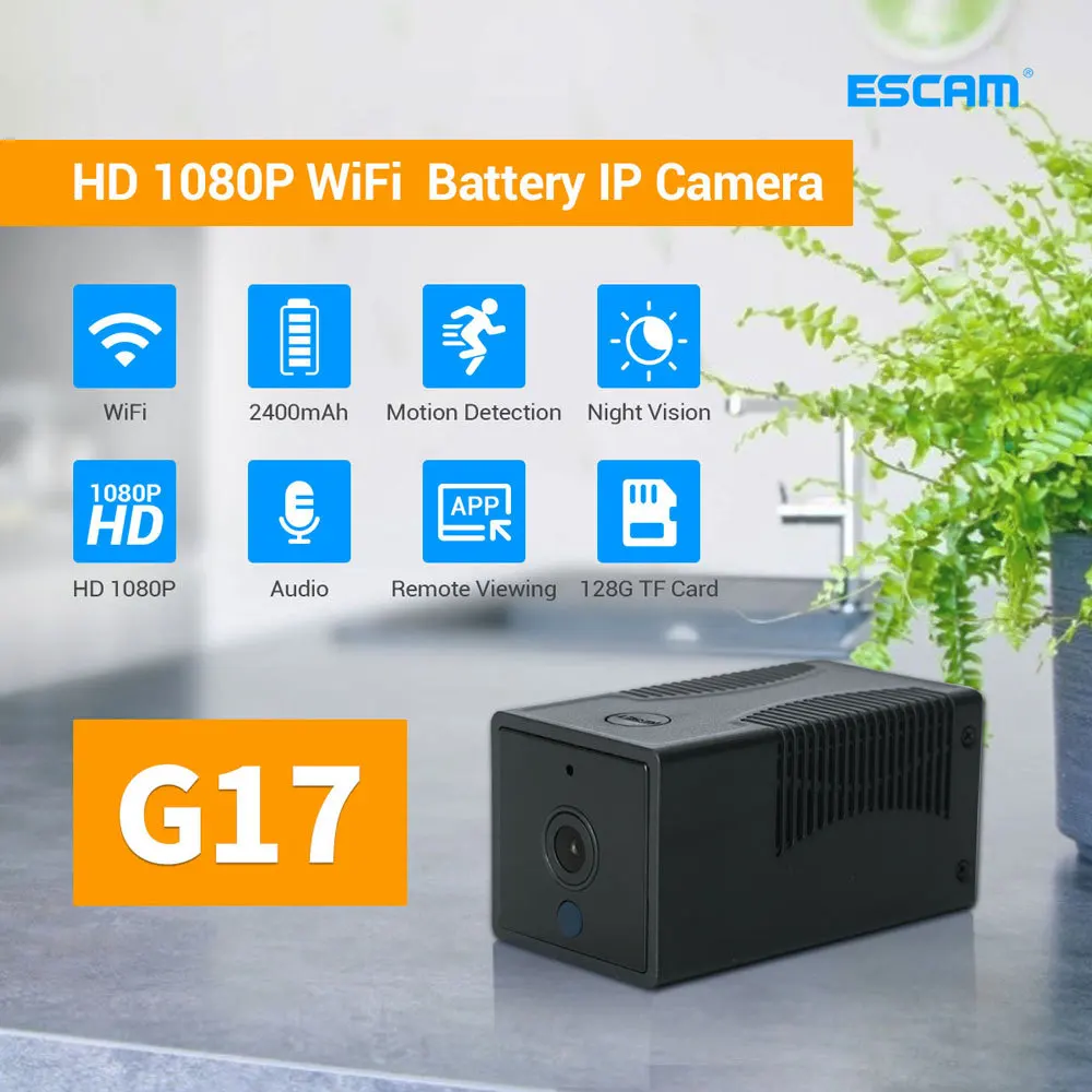 

ESCAM G17 1080P Mini Wifi Camera Small Rechargeable Battery Powered Wireless CCTV Security Surveillance Camera Night Vision Cam
