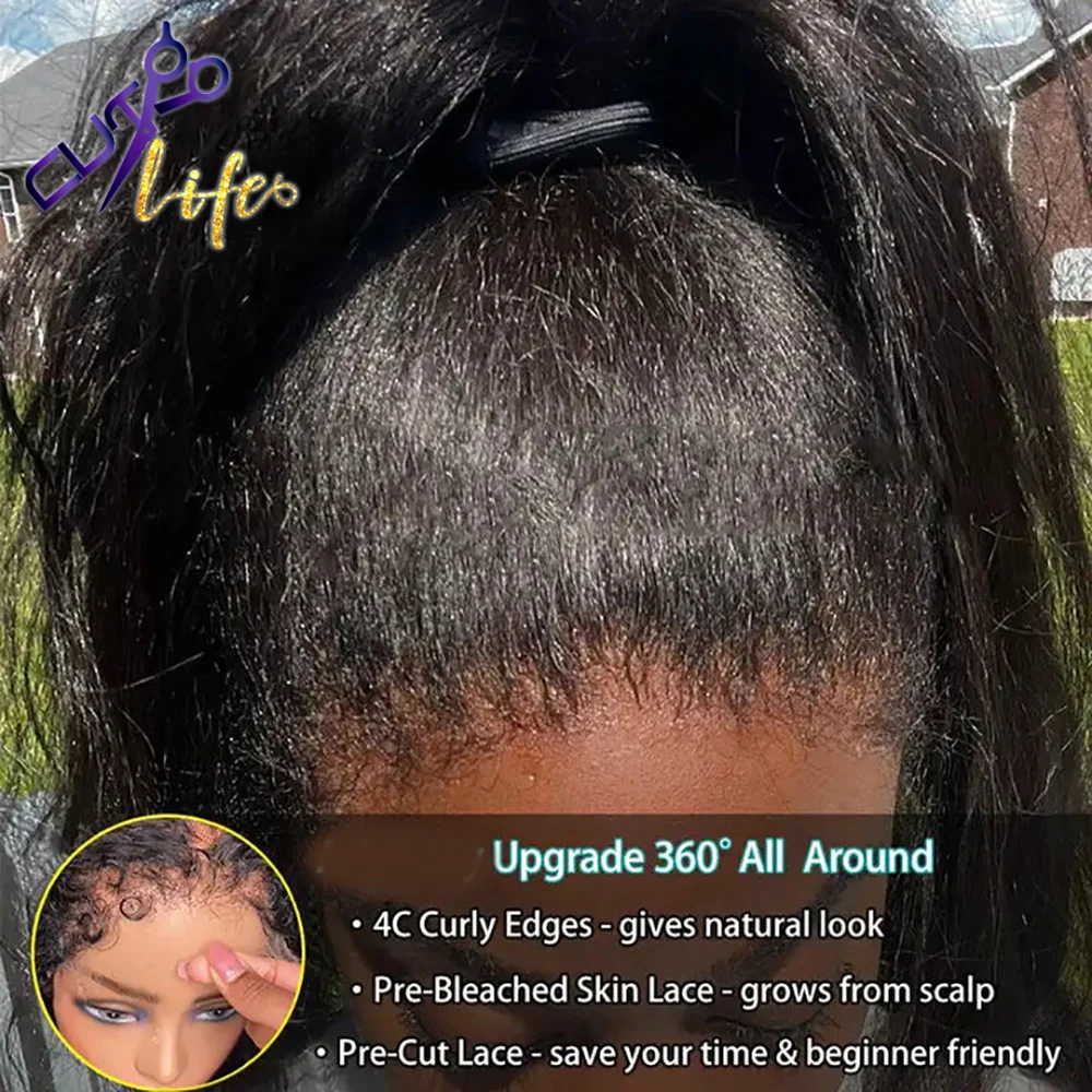 Invisible Strap Kinky Straight Wig Pre Cut Lace Wig With 4c Kinky Edges 360 Full Lace Remy 7x5 4x4 Pre-cut Closure Wigs