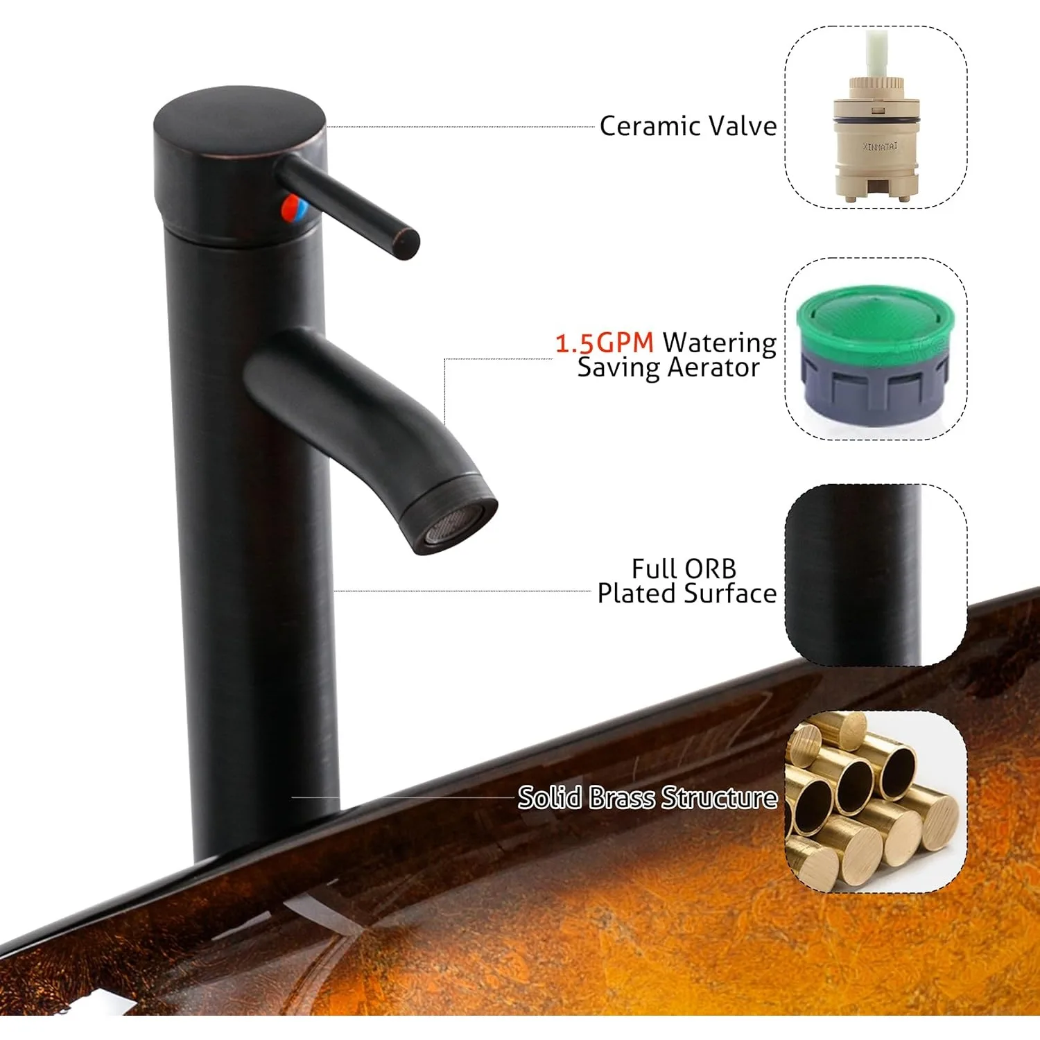 21.5" Bathroom Vessel Sink Artistic Single Brown Boat Glass Basin Countertop Bowl Sink for Lavatory Vanity Cabinet 5