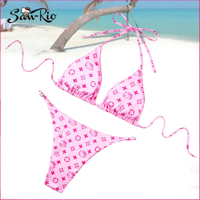 

Hello Kitty Bikini 2024 Sexy Women Bikinis 2Pcs Set Pink Cartoon Bra & Brief Sets Beach Swimwear Summer Bandage Female Biquinis