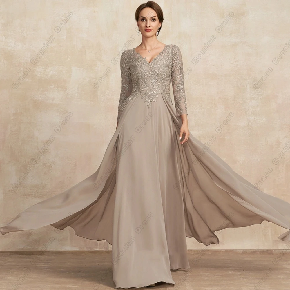 Champagne Strapless Mother of Bride Dresses for Women Full Sleeve Chiffon Wedding Party Dresses with Lace Robe De Soir&eacute;e