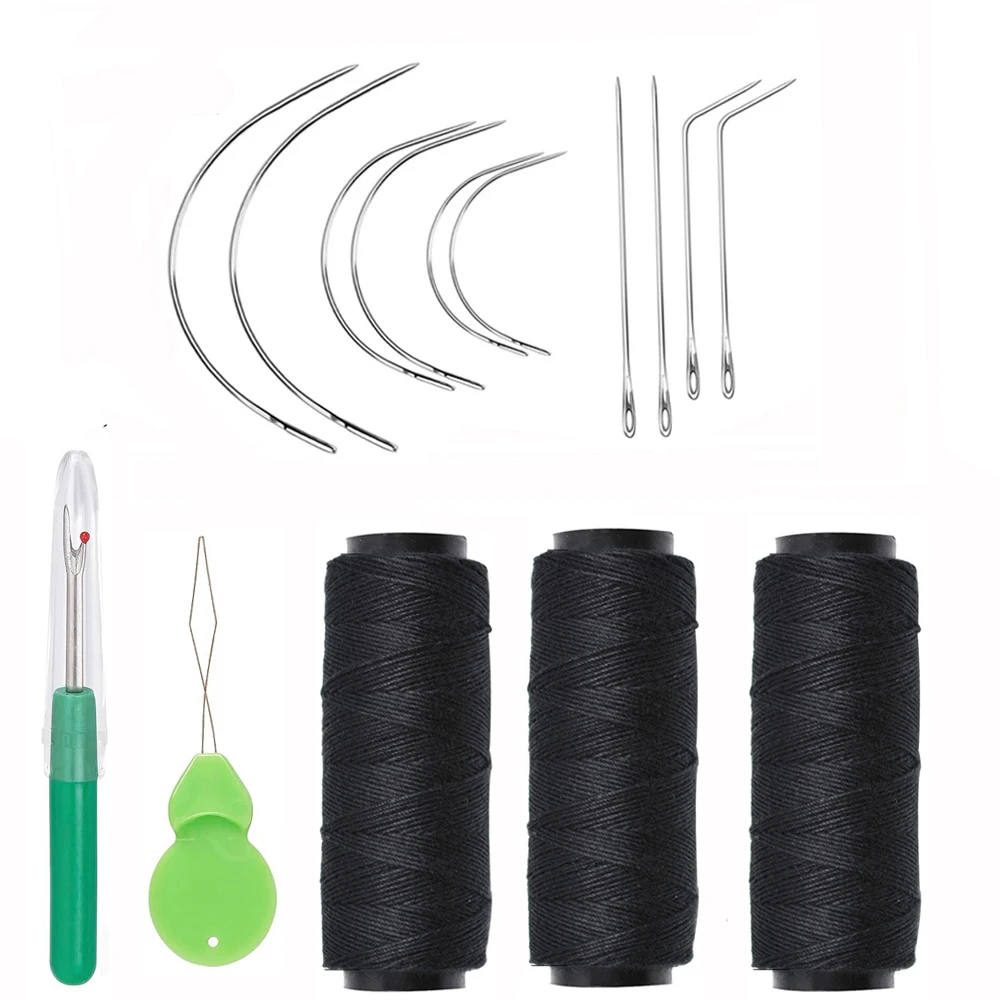 Needle and Thread for Hair Extensions 3 Roll Hair Weave Sewing Threads with 10Pcs C J I Shape Curved Needles and 1 Neele Thimble