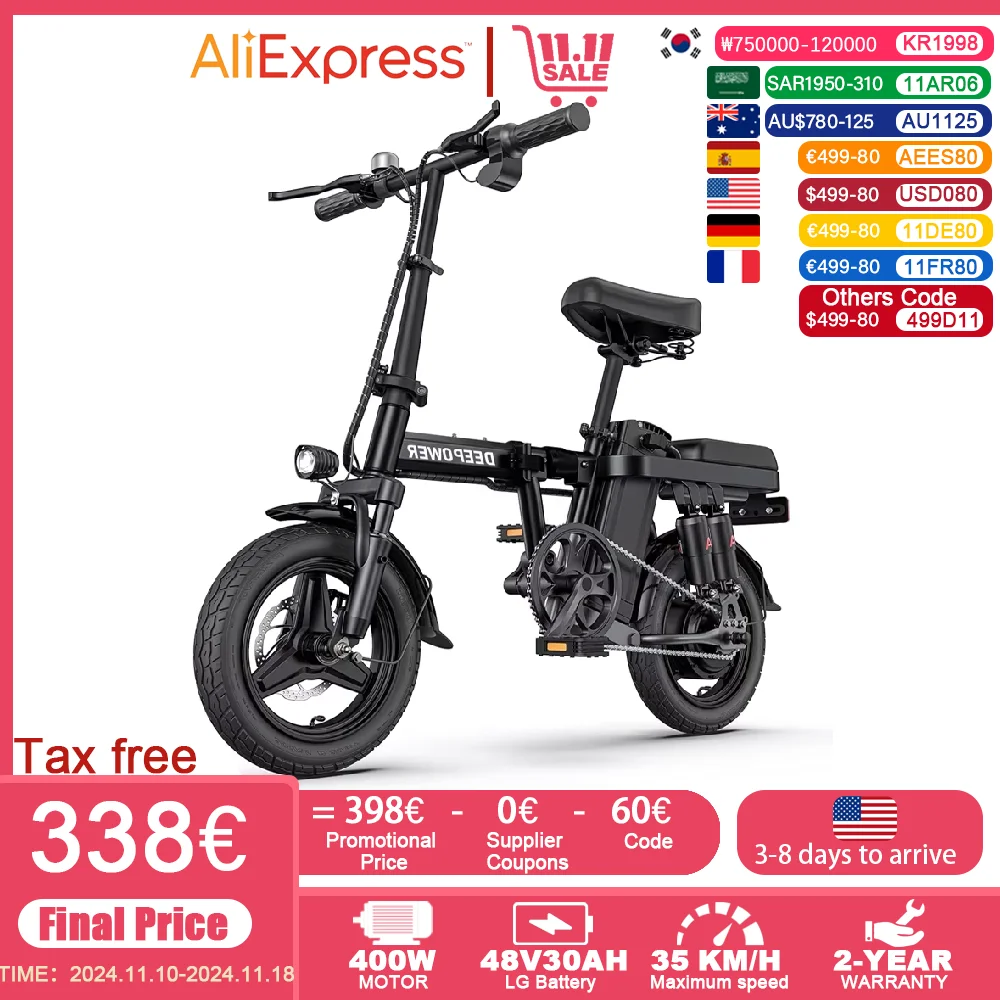 ZPW RS6 Electric Bike 400W 48V 30AH Folding 14inch Mini Adult Electric Bicycle Multi-Shock Absorption City Commuting electric bicycle electric bike