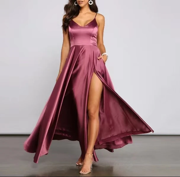 long sleeve prom dresses Formal Lattice Satin Dress Women Prom 2022 Pink Spaghetti Straps Evening Wedding Party Backless Ball Gown High Split Vestid prom gowns