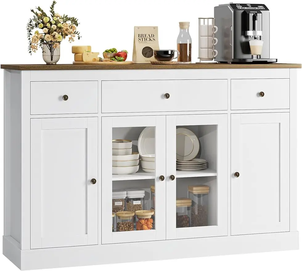 

Sideboard Buffet Cabinet with Storage, 55" Large Kitchen with 3 Drawers Glass Doors, Modern Farmhouse Coffee Bar Cabinet