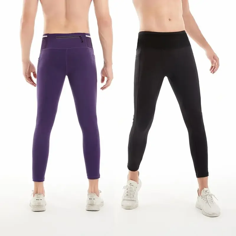 Fleece-Lined Nylon Marathon Running Compression Tights Leggings Men Jogging Fitness Training Sport Pants with Wrap Around Pocket