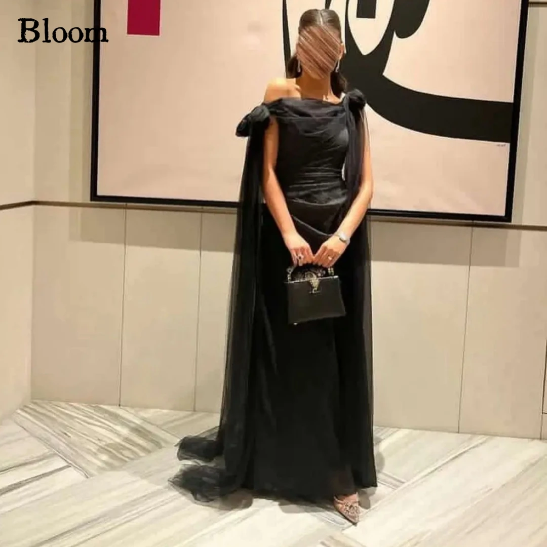 

Bloom Black Prom Dresses Long Tulle Straps Formal Wedding Party Gowns Sleeveless Strapless Simple Elegant Evening Dresses