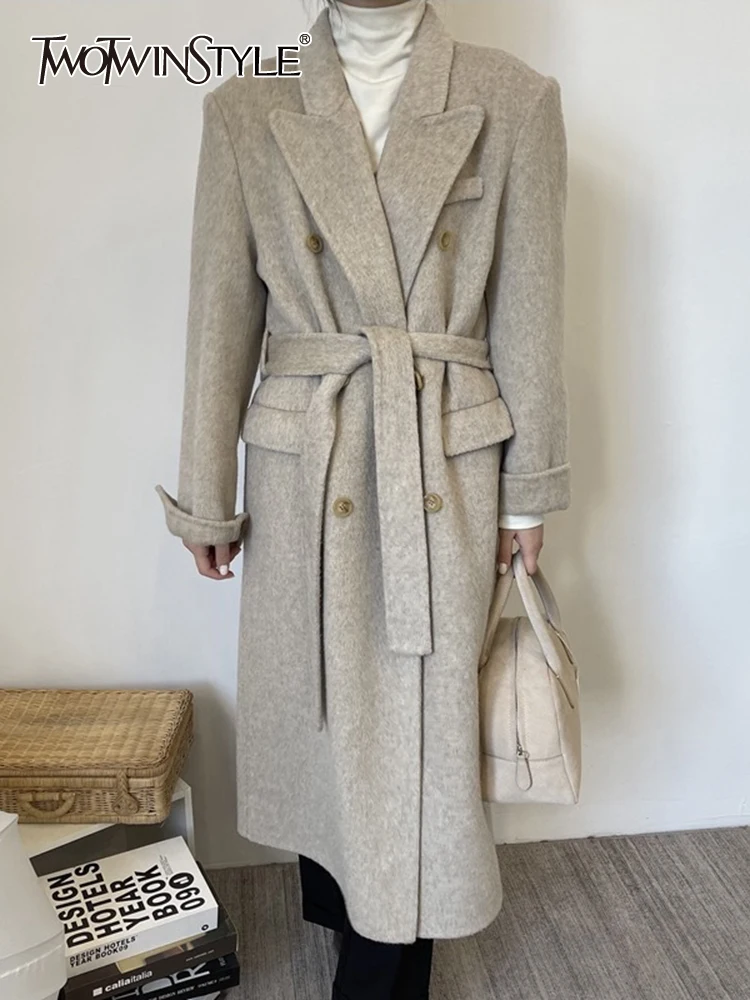 

TWOTWINSTYLE Solid Patchwork Lace Up Coat For Women Notched Collar Long Sleeve Spliced Pocket Minimalist Coats Female Fashion