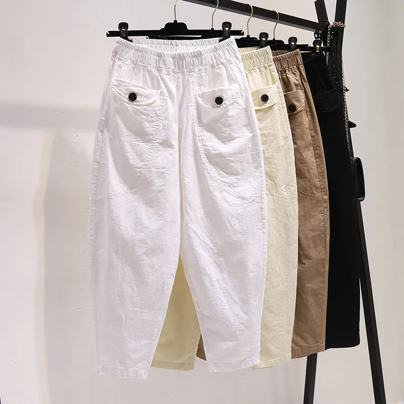 

2023 Summer Fashion Thin Cotton Hemp Casual Big Haren Pants Women Loose High Waist White Radish Nine Points Pants Female H2965