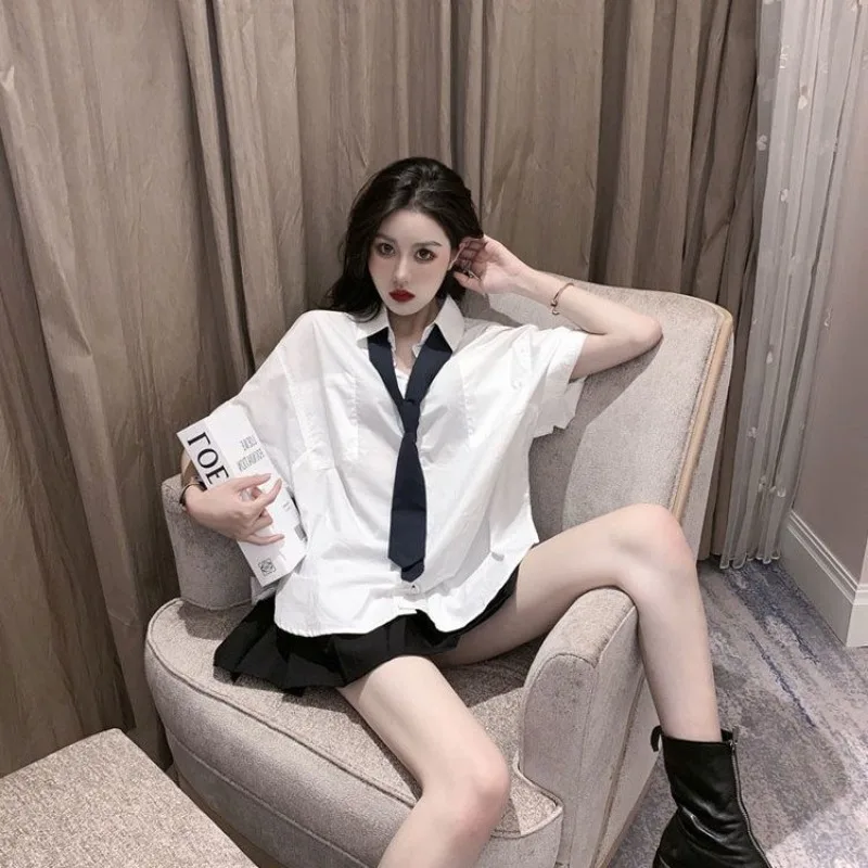 DAYIFUN White Shirt with Tie 2024 Summer New Patchwork Design Blouses Women Korean Casual Fashion Loose Blusas Short Sleeve Tops