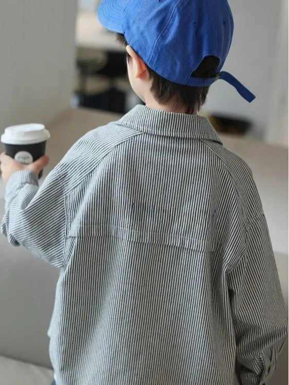 봄 여름 소년 스트라이프 긴팔 셔츠 아동복 한국 스타일 봄 가을 얇은 아우터 2025 신상품