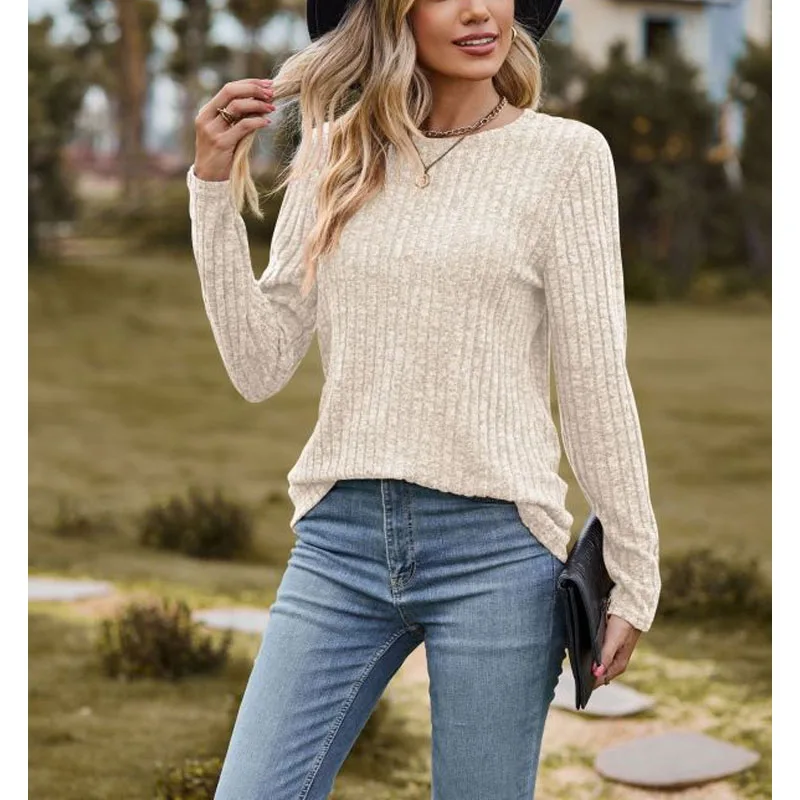 Women Casual Autumn Pure Color Spliced O-Neck Blouse