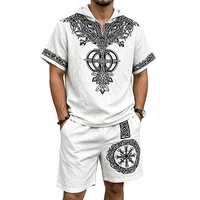 Nouvel ensemble décontracté d'été pour homme en fibre de polyester respirante, 2 pièces, avec chemise à manches courtes à capuche imprimé Viking et short de plage. 5