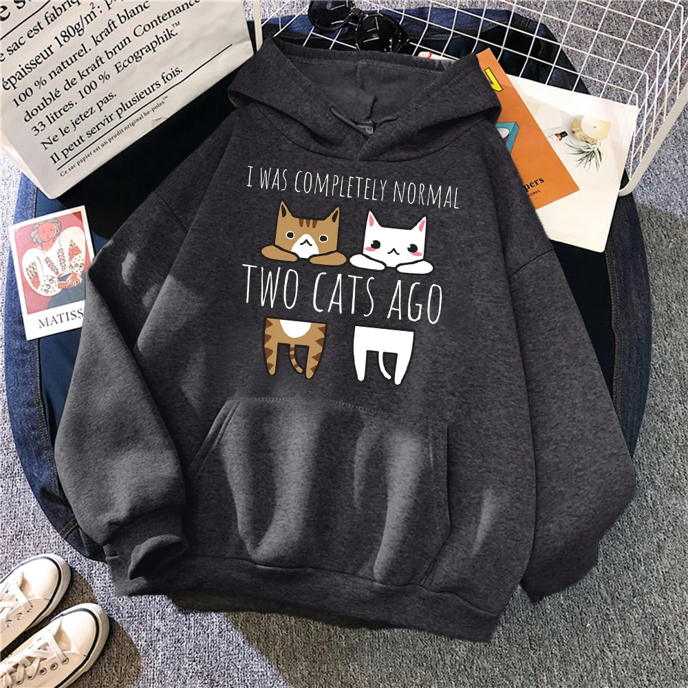 I Was Completely Normal Two Cats Ago Printed Sweatshirts Female Simple Autumn Hoodies Street Warm Hoodie Soft Fashion Clothing