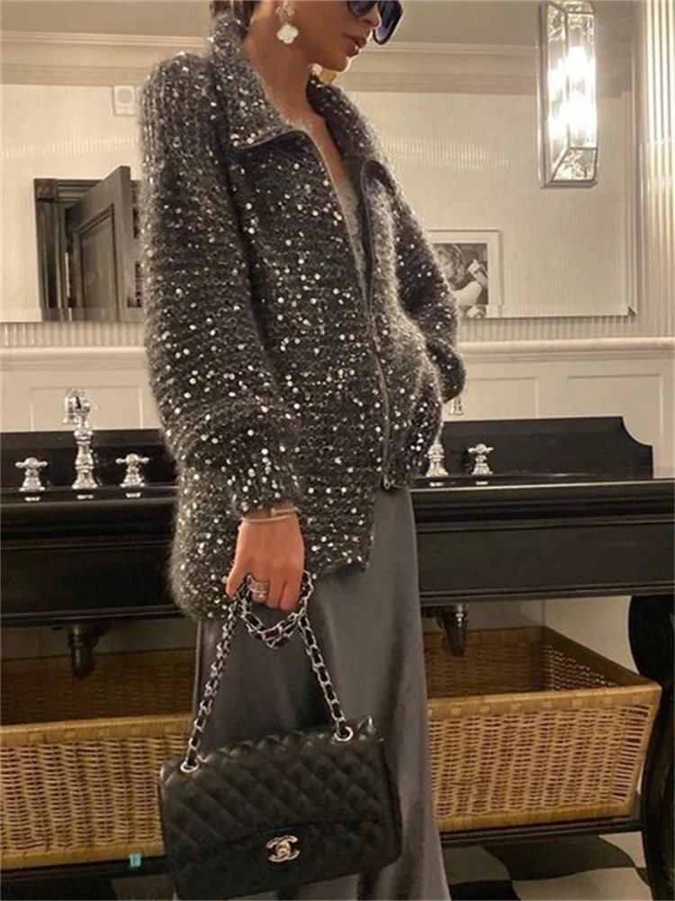 Wmstar New Women's Sweater with High-end Temperament Small Fragrance Comfortable Sequin V-neck Sweater Wholesale Dropshipping