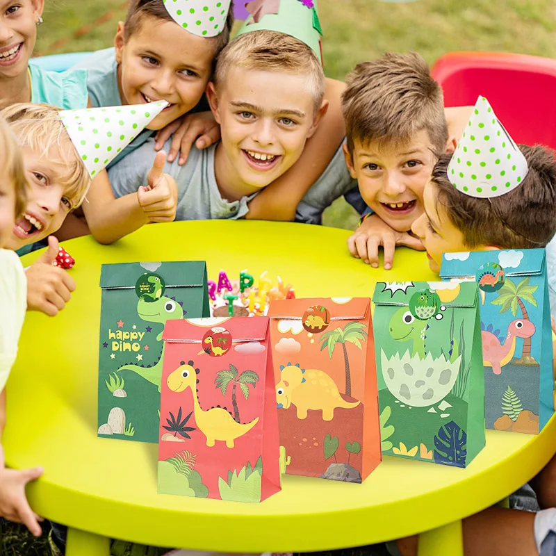 12 Stück Cartoon-Dinosaurier-Süßigkeitstüten mit Aufklebern, Kekse, Geschenke, Verpackung, Papiertüten für Kinder, Dino-Thema, Geburtstagsparty-Dekoration – Detail 2