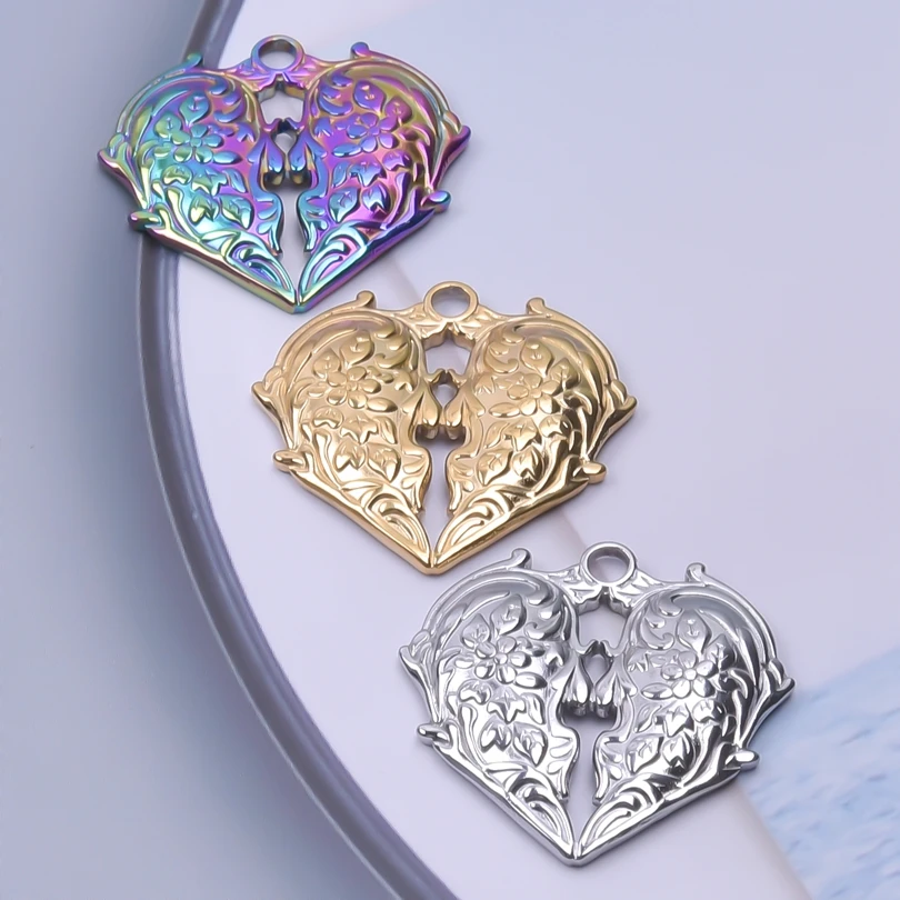 

6pcs New Stainless Steel Hearts Pendant Charms for DIY Jewelry Making Flower Pattern Heart Charm Fit Necklace Ornaments Making