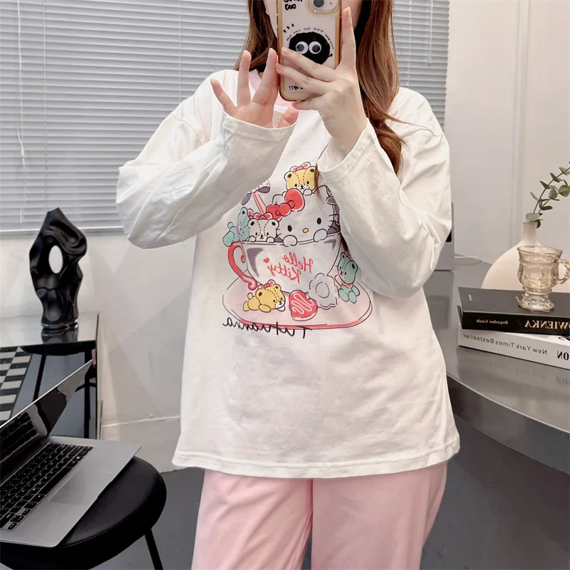 

Sanrio Hello Kitty Womens Pajamas Anime Y2K Girls Spring Autumn Japanese Shorts Leevesoft Student Home Wear Pajamas Bow Tie Gift