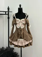 Sweet Kawaii 2 Piece Sets Women Japanese Y2k Brown Retro Tops + Chic Mini Cake Skirt Female Princess Elegant Outfits Spring 2025 1