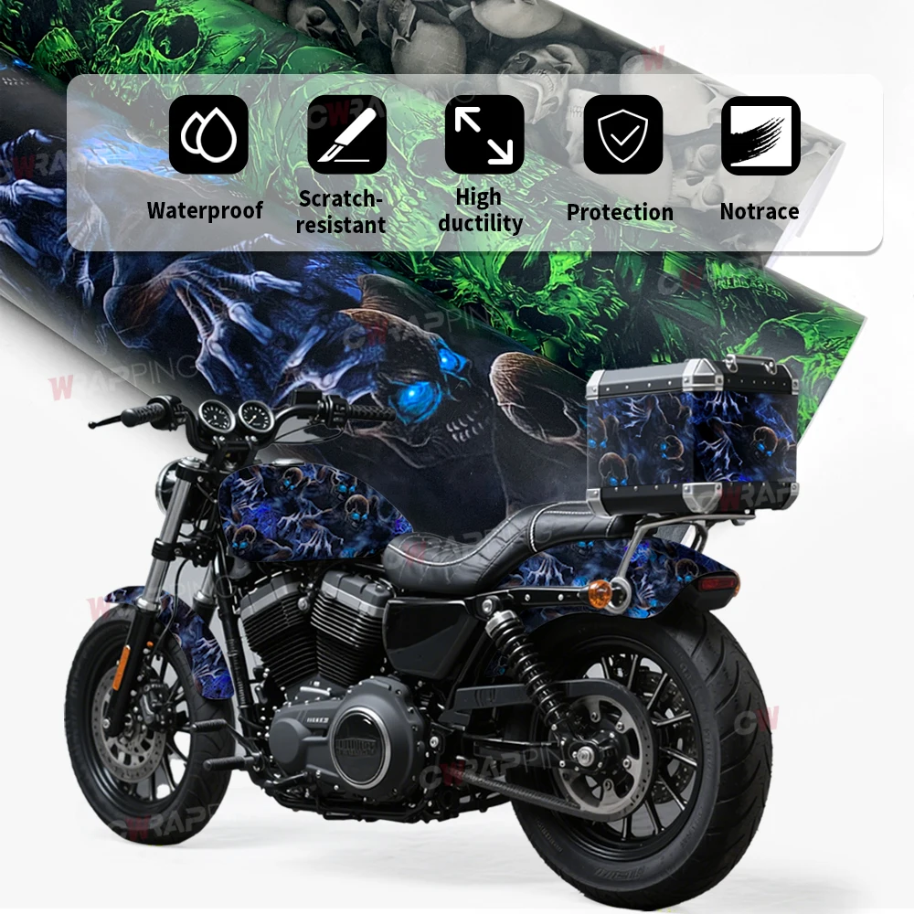 PVC Fahrzeug Dekoration Schädel Muster Vinyl Papier für Auto Abdeckung Wasserdicht Selbst-klebe Film Skelett Motorrad Aufkleber Wrap – Detail 4