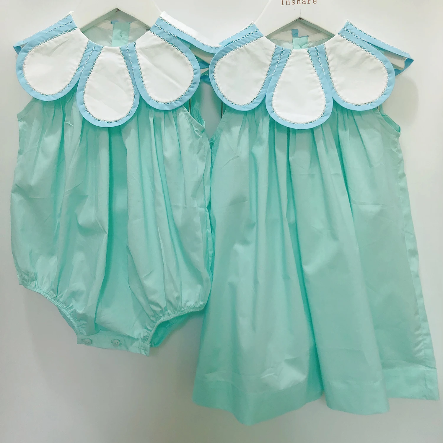 Children Boutique Clothing Baby Girl Sleeveless Cotton Bubble Green Hand Splicing Flower Collar Cute Sibling Outfit 3