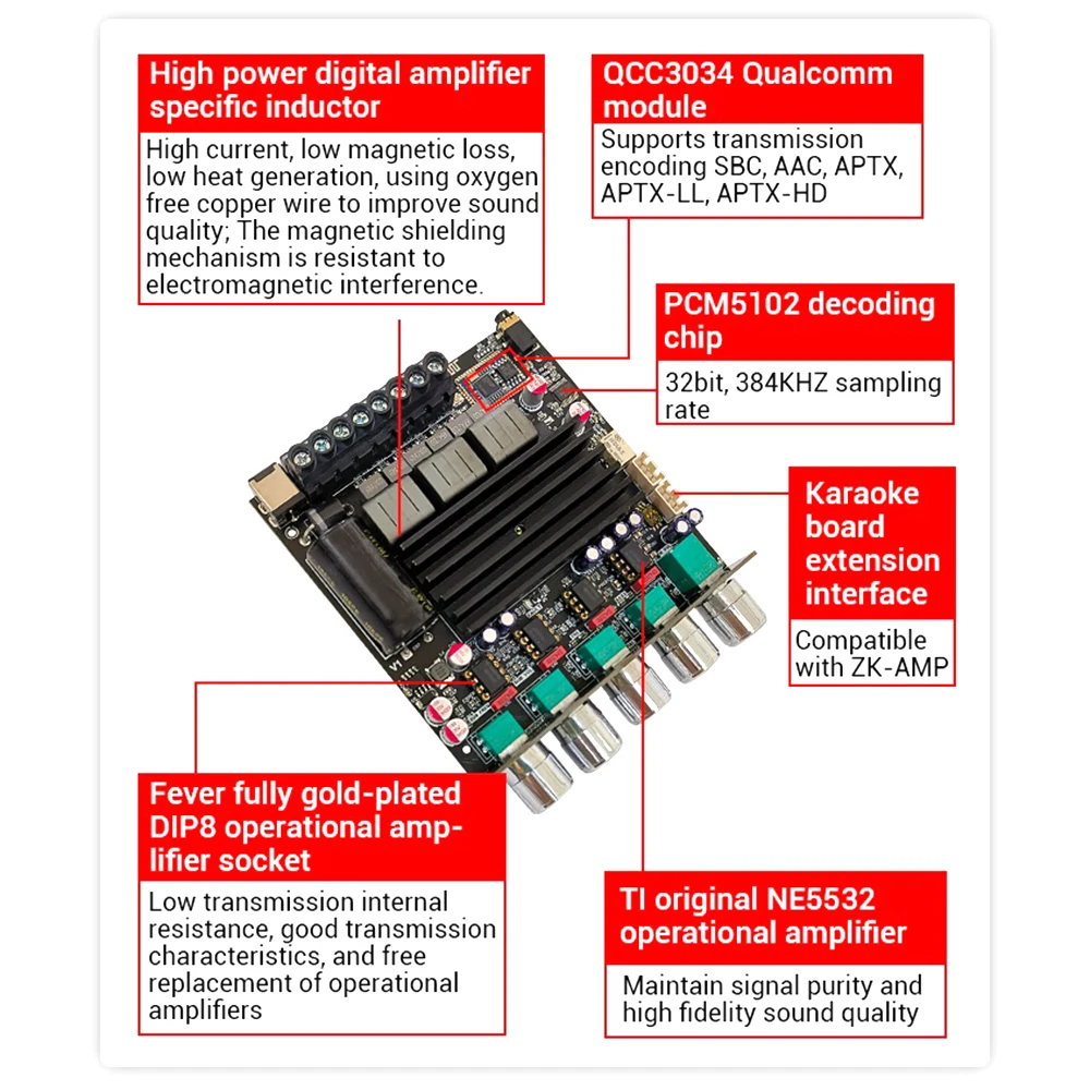 100Wx2 + 200W ZK-APTX1 Bluetooth Qualcomm Digital Amplifier Board 2.1 Channel Subwoofer Chip QCC3034 TPA3221