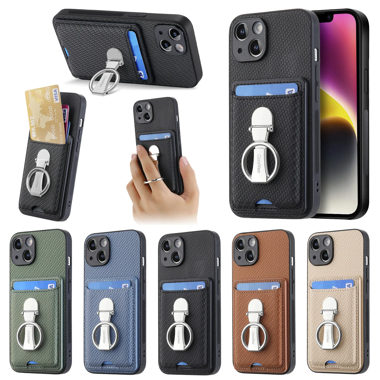 Luxury Card Holder Wallet With Finger ring Holder Phone Case For iPhone 14  11 12 13 Pro Max XS XR 7 8 Plus Mini Neck Lanyard