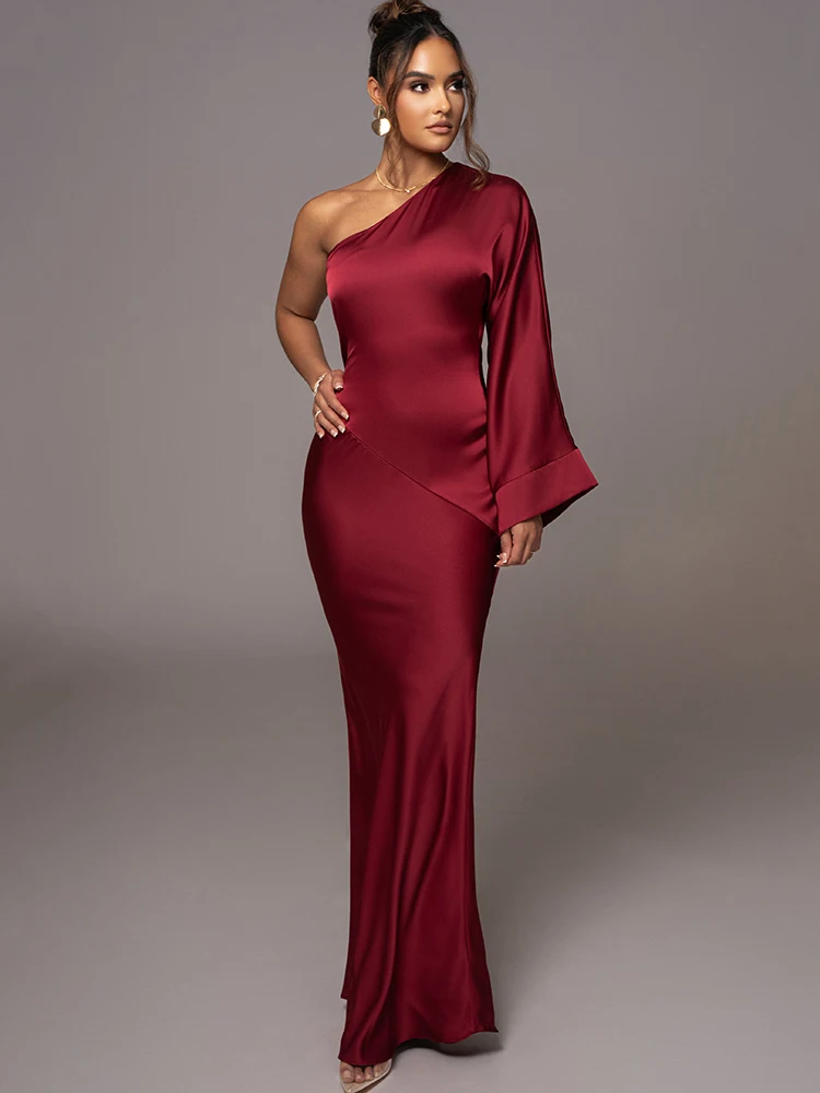 -Elegant Long Sleeved Party Evening Dress for Women, Flared Sleeves, Single Shoulder Bodycon, Maxi Dress, Backless Gown