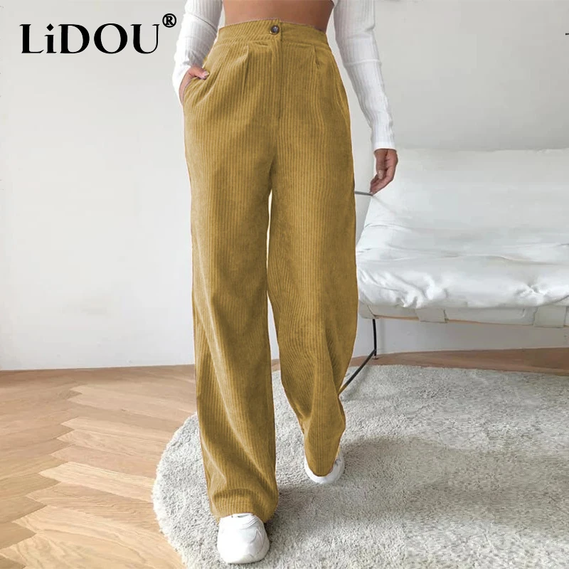 

Autumn Winter High Elastic Waist Loose Casual Corduroy Pants Ladies Comfortable All-match Straight Trousers Women's Clothing
