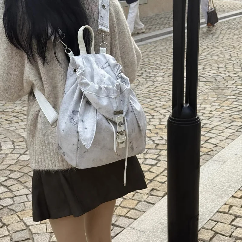 Vintage Cute Rabbit Ears Backpack Women's Small Unique Design Drawstring Simple Large Capacity Crossbody Shoulder Bag
