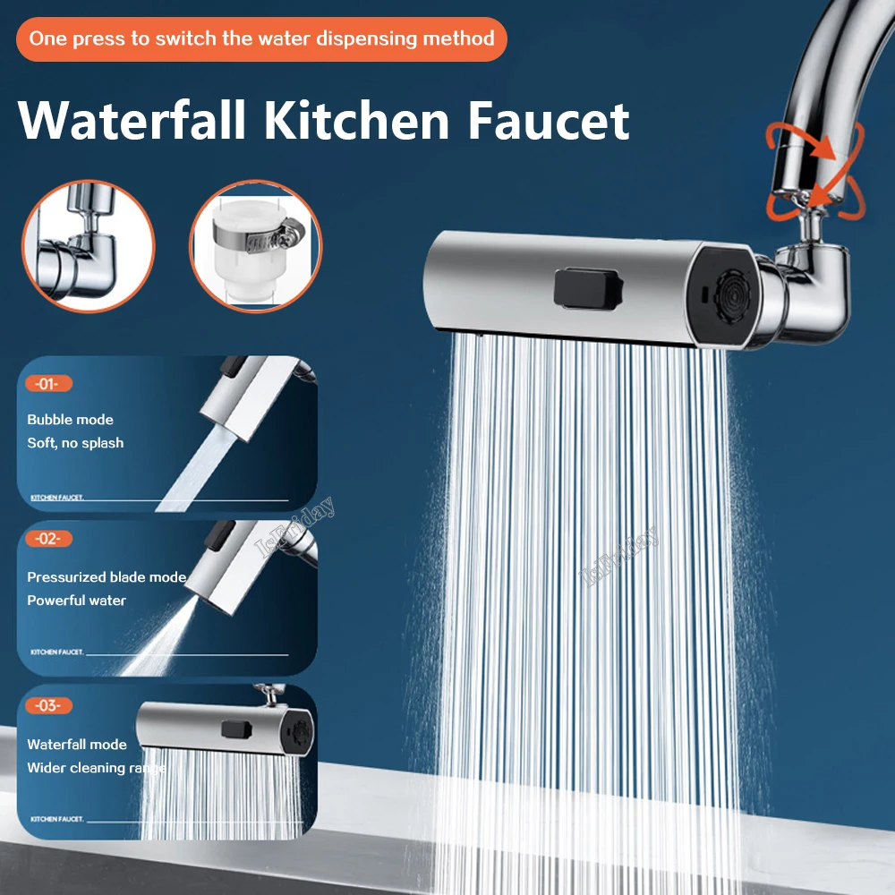 Waterfall Kitchen Faucet Basin Faucet 360 Rotating Faucet 3Stream Spraye Water Saving Tap Kitchen Sink Mixer Wash Tap For Bathro pull out   kitchen faucet hot cold mixer water tap 2 model rotatable retractable 304 stainless steel wash basin sink faucets