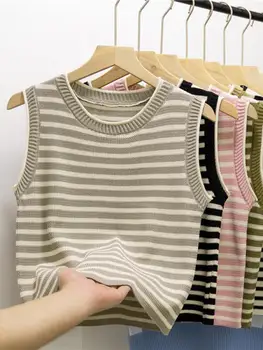 جديد 2025 سترات أساسية مخططة بسلسلة مرنة للنساء بدون أكمام وكاميس قطع علوية قصيرة صيفية قصيرة 4