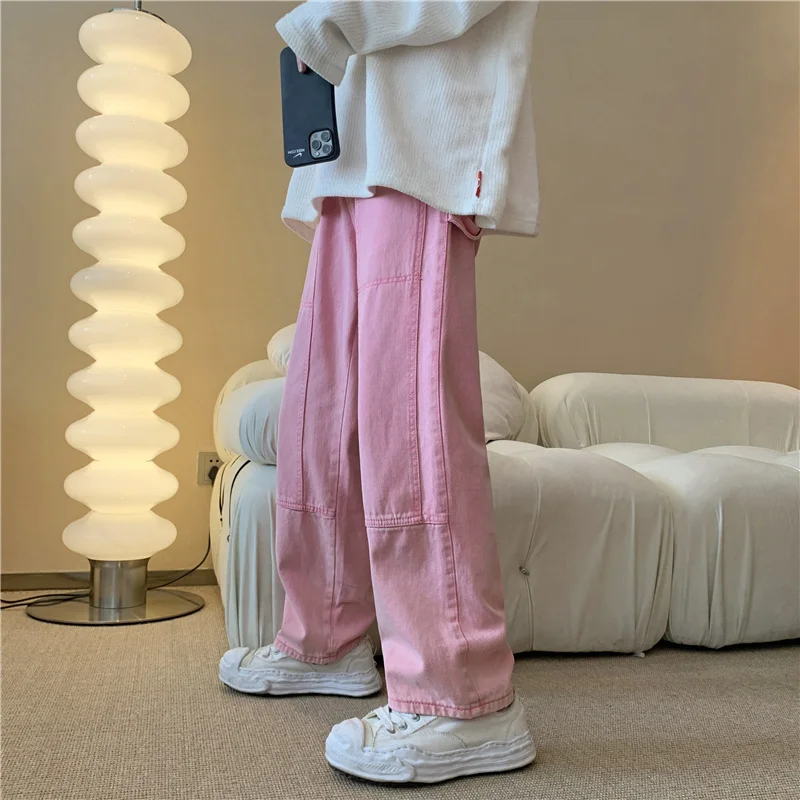Pink Jeans Men Fashion Vintage Pocket Cargo Jeans Men Streetwear Hip Hop Loose Straight Denim Trousers Mens Wide Leg Pants S-3XL