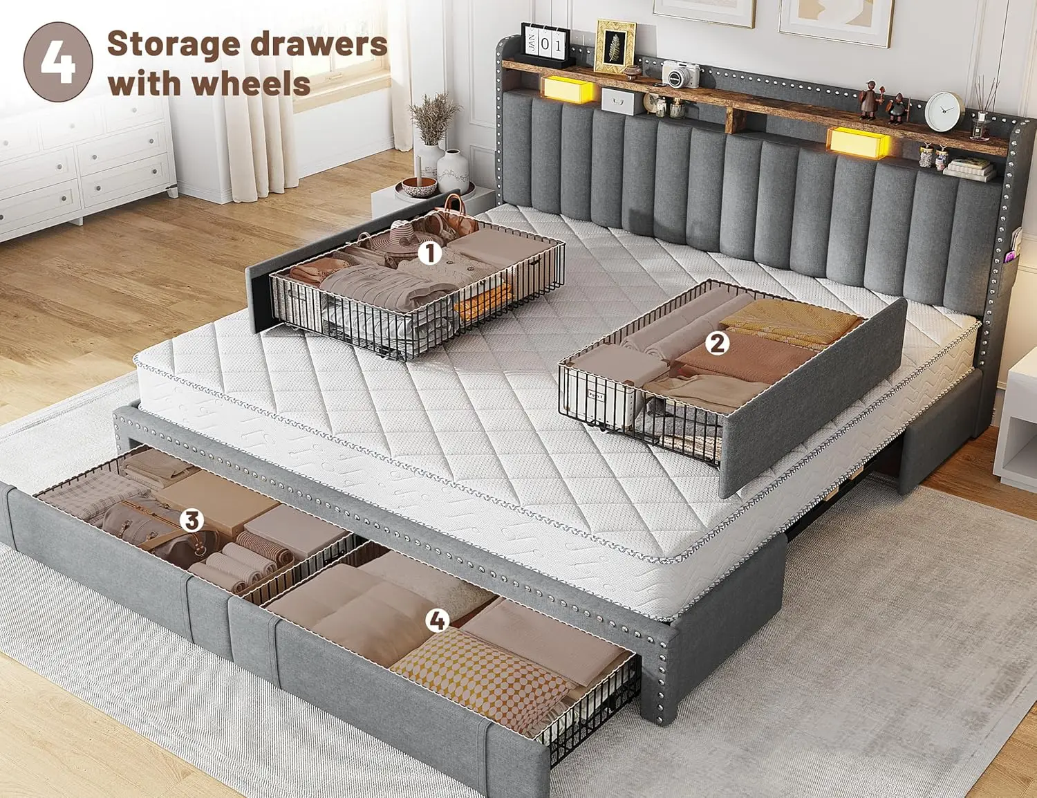 King Size Bed Frame with 4 Storage Drawers, Upholstered King Bed Frame and headboard with 2-Tier Shelves,Mattress Foundation 4