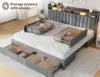 King Size Bed Frame with 4 Storage Drawers, Upholstered King Bed Frame and headboard with 2-Tier Shelves,Mattress Foundation 4