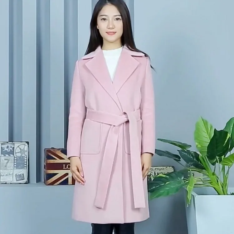 

Autumn Winter Pink Woolen Coat Women Thick Button Up Waisted Girls Windbreaker Blend Coat Long Sleeve Top Lace Up Outerwear