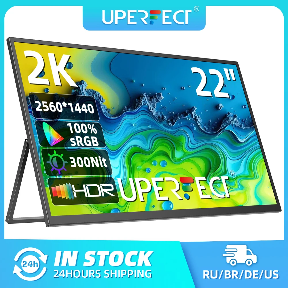 شاشة كمبيوتر UPERFECT كبيرة مقاس 22 بوصة بدقة 2K و1440 بكسل QHD FreeSync للألعاب مع شاشة VESA USB-C HDMI IPS لأجهزة الكمبيوتر المحمولة وأجهزة Mac والهواتف ووحدة تحكم الألعاب PS5
