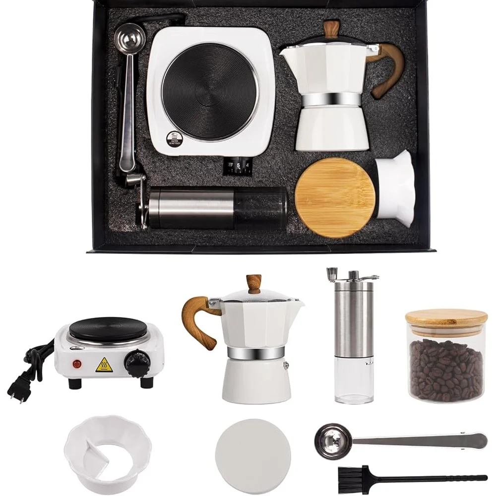 7-in-1 Moka Pot Espresso Maker Electric Stove Manual Grinder Coffee Set Durable Portable Travel Accessories