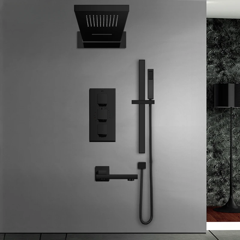 

Senlesen Matte Black Thermostatic Bathroom Shower Faucets Concealed Shower Set Rainfall & Waterfall Sprinkler Hot Cold Mixer Tap