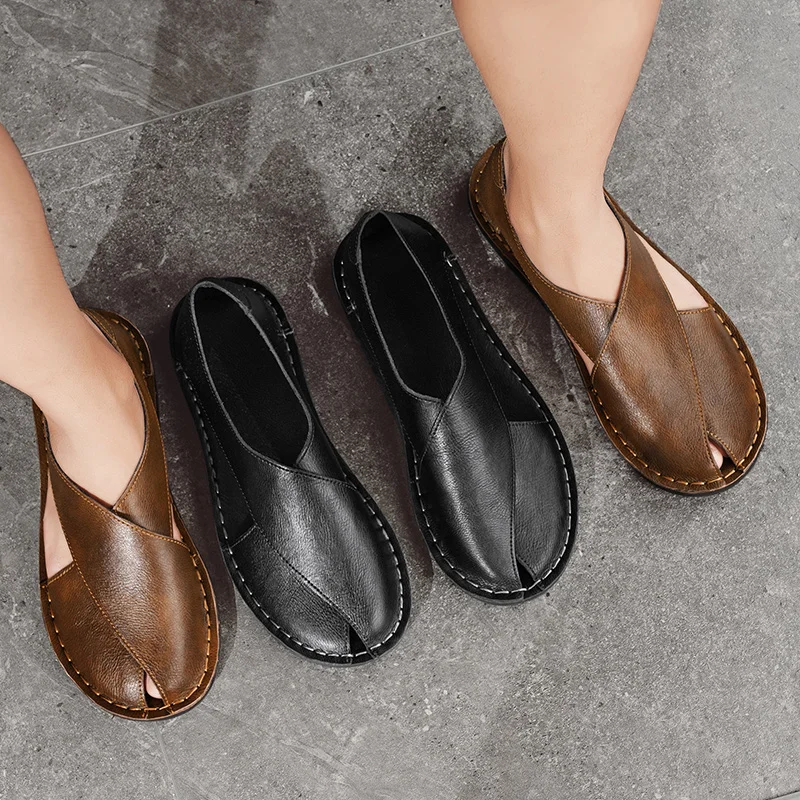 Summer Men's Sandals Handmade Leather Casual Shoes Comfortable Slip-On Beach Shoes Breathable Sandals Loafers Wading Aqua Shoes