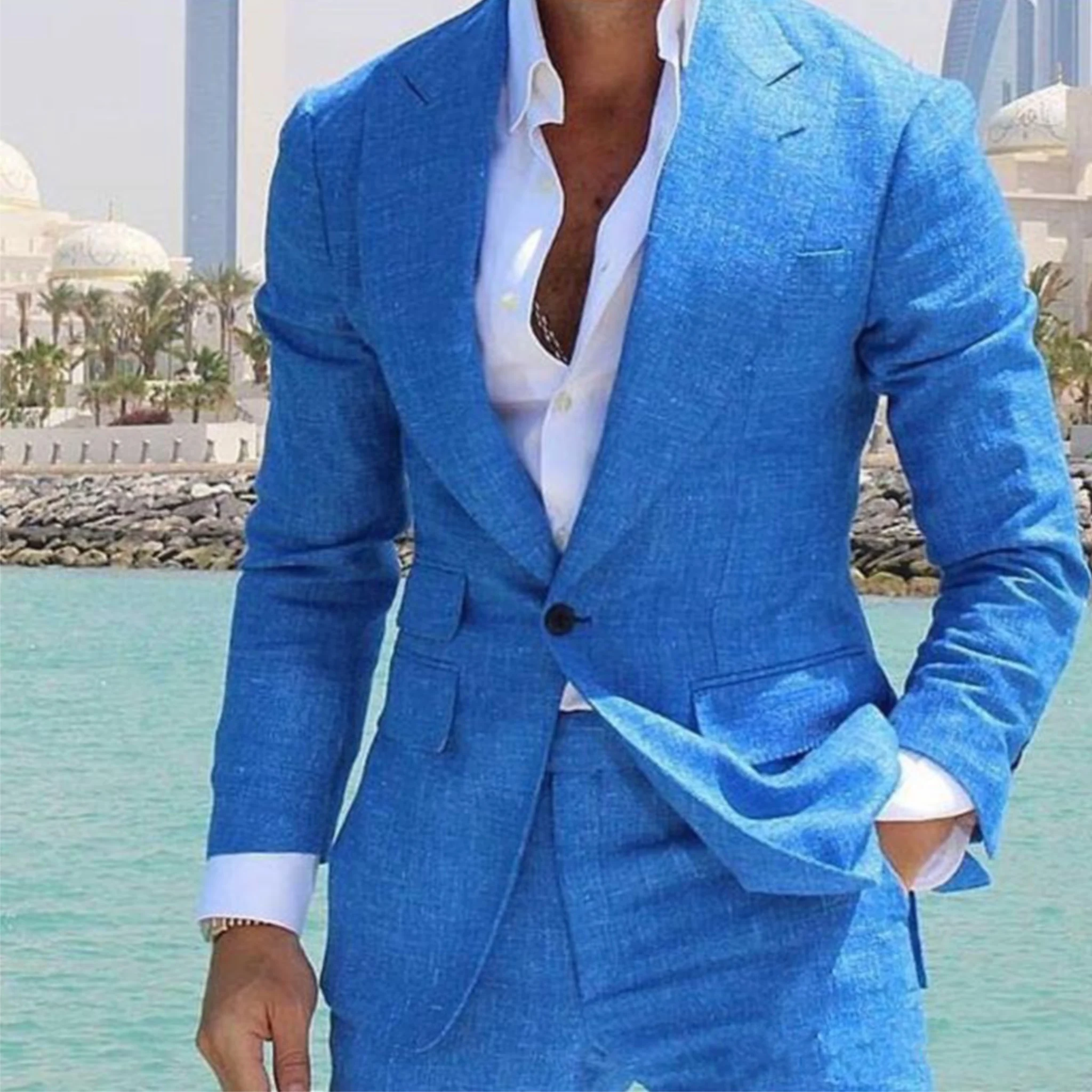 Linen Blue Beach Wedding Tuxedo Lapel Groom Wedding Elegant Men's Suit