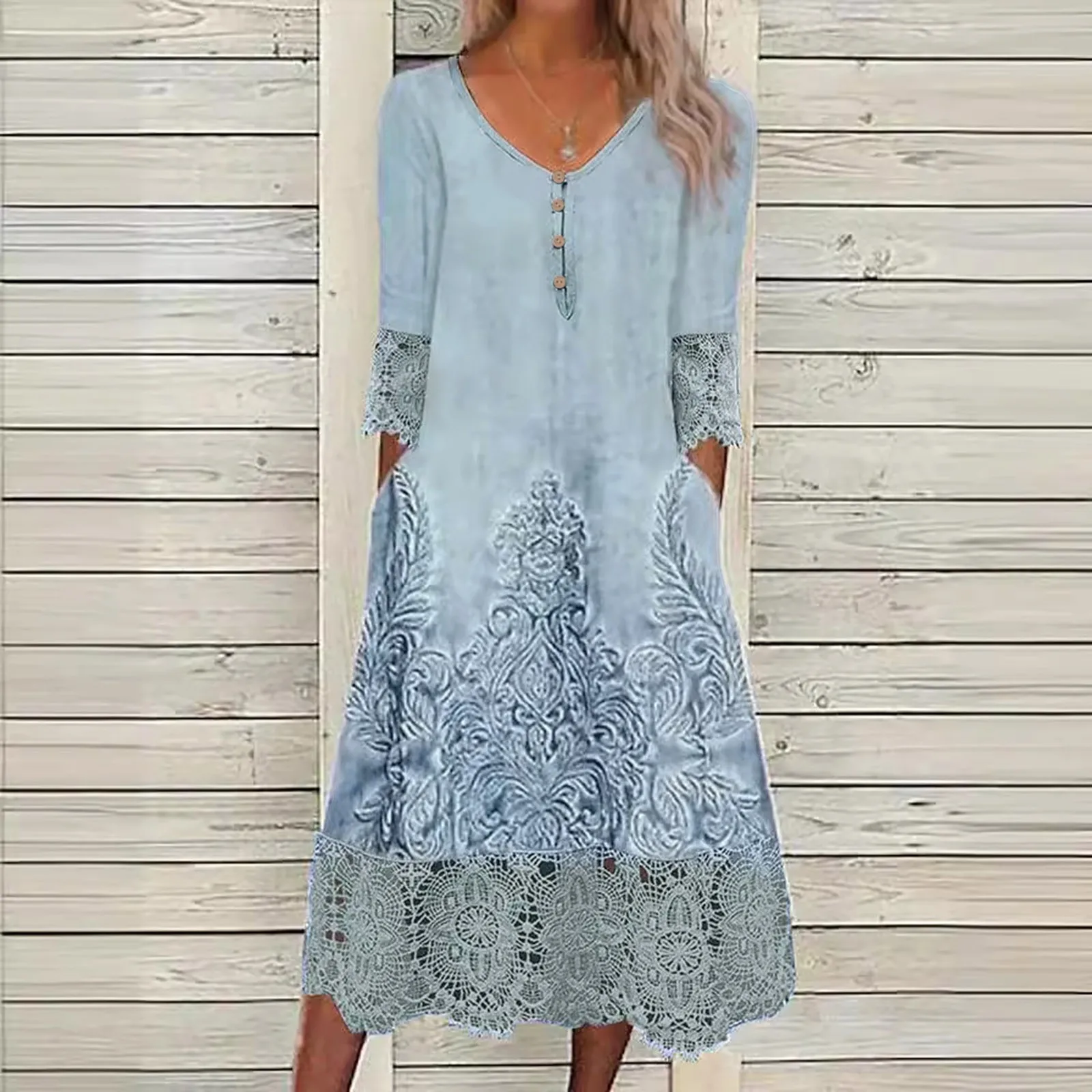 

Women's Casual Embroidery Patchwork Long Dress Summer V-Neck Half Sleeve Solid Maxi Dress Pockets Lace Hollow Dresses Vocation