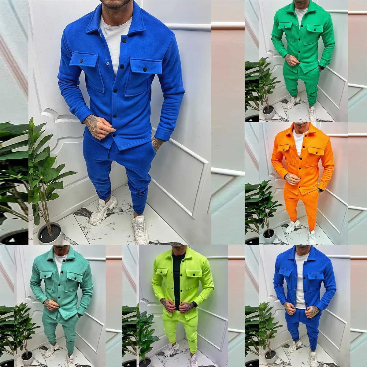 BOS5 Men's Jacket Pants 2 Piece Sets New Spring Autumn Casual Multi-pocket Tracksuit High Quality Male Fashion Bright Color Suit