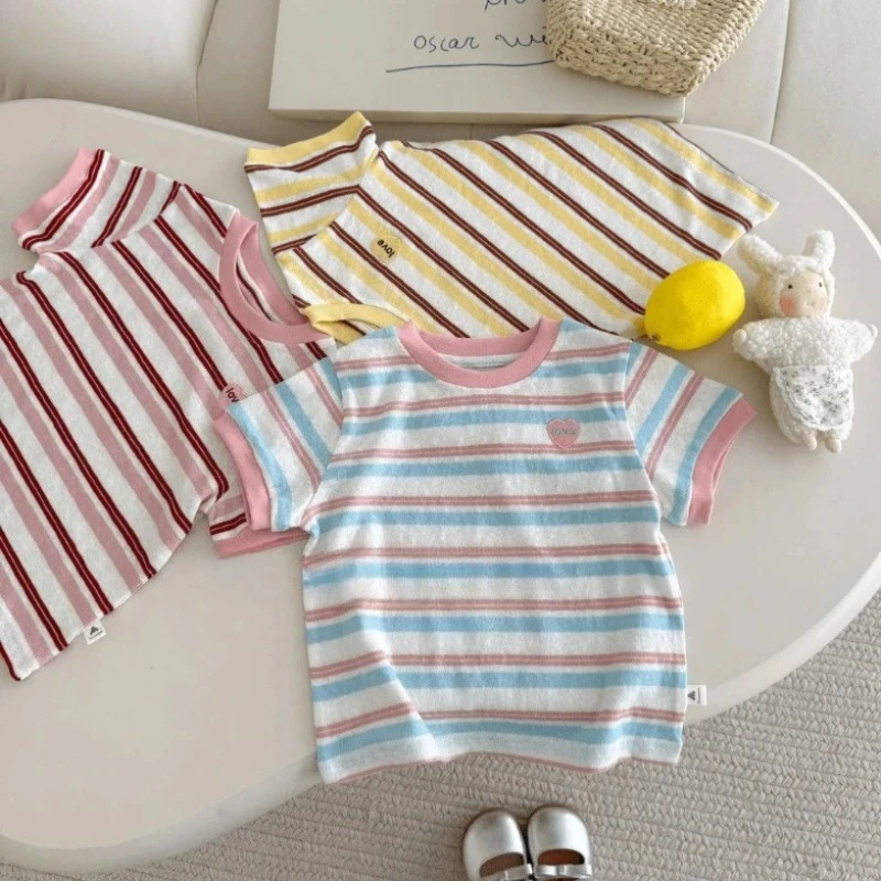 Girls Clothes Summer New Top 1-5 Years Children Pink Striped Round Neck T-shirt Fashion Casual Short Sleeve Color Blocked - 2