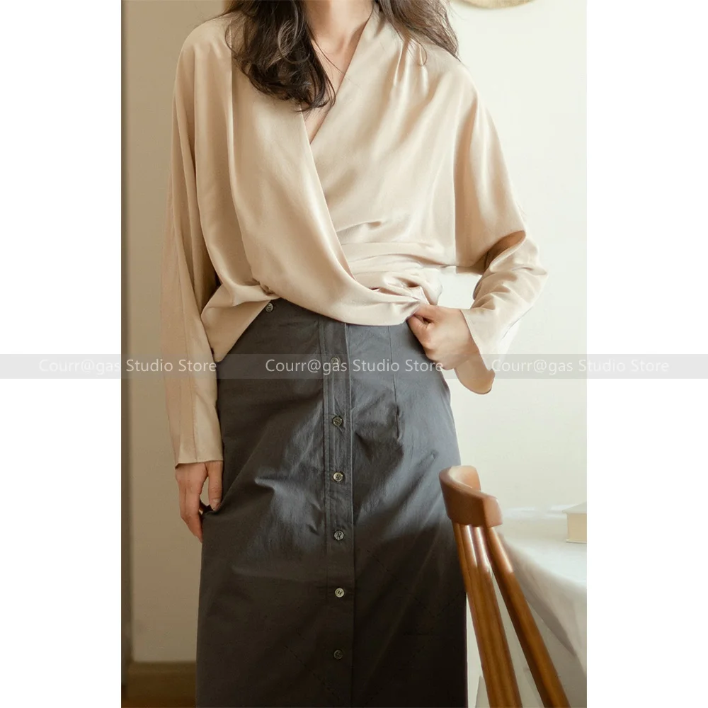 

Spanish niche ~ gentle dune coloured ribbon irregular slash wrap silk blouse