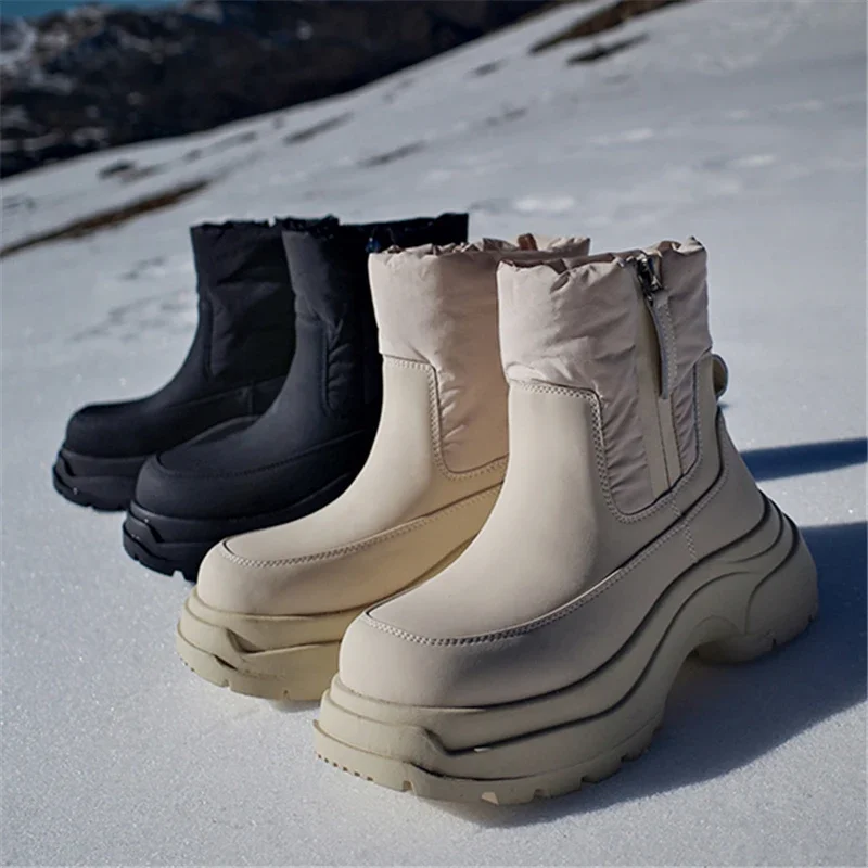 

Genuine Leather Round Toe Thick Sole Chunky Heels Women Snow Boots Solid Color Zipper Waterproof New Fashion Winter Female Shoes